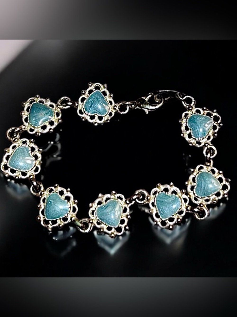 Vintage .925 Sterling silver and rhodium-plated larimar heart fashion bracelet